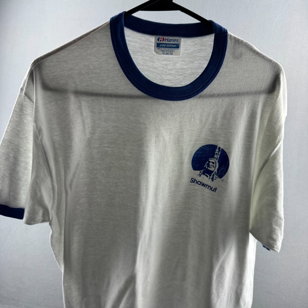 Vintage 80s Ringer T Shirt Mens XL White Paper Thin Native American Shawmut USA
